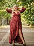 Plus Size Sequin V-Neck Long Sleeve High Slit Bodycon Evening Dress – Burgundy