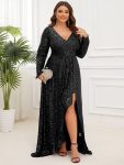 Plus Size Sequin V-Neck Long Sleeve High Slit Bodycon Evening Dress – Black