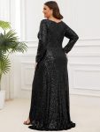 Plus Size Sequin V-Neck Long Sleeve High Slit Bodycon Evening Dress – Black