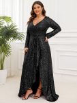 Plus Size Sequin V-Neck Long Sleeve High Slit Bodycon Evening Dress – Black