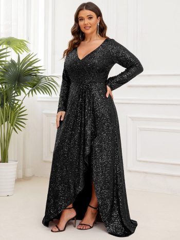 Plus Size Sequin V-Neck Long Sleeve High Slit Bodycon Evening Dress - Black