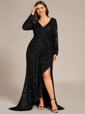 Custom Size Sequin Long Sleeve V-Neck High Slit Bodycon Evening Dress - Black