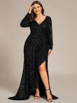 Sequin Long Sleeve V-neck Asymmetrical Hem Evening Dress – Black