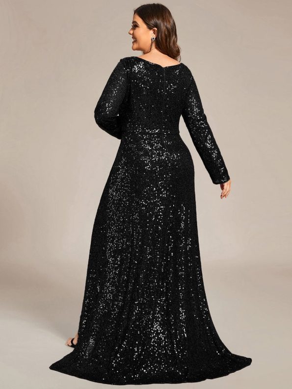 Custom Size Sequin Long Sleeve V-Neck High Slit Bodycon Evening Dress - Black