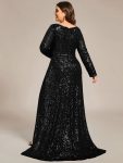 Sequin Long Sleeve V-neck Asymmetrical Hem Evening Dress – Black