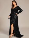 Custom Size Sequin Long Sleeve V-Neck High Slit Bodycon Evening Dress – Black