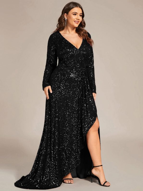 Custom Size Sequin Long Sleeve V-Neck High Slit Bodycon Evening Dress - Black