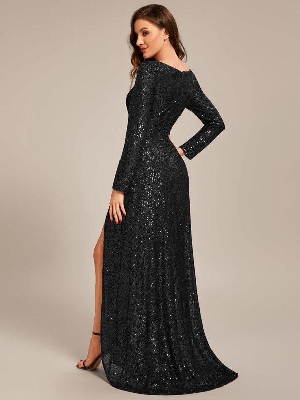 Sequin Long Sleeve V-neck Asymmetrical Hem Evening Dress - Black