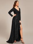 Sequin Long Sleeve V-neck Asymmetrical Hem Evening Dress - Black