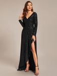 Sequin Long Sleeve V-neck Asymmetrical Hem Evening Dress – Black