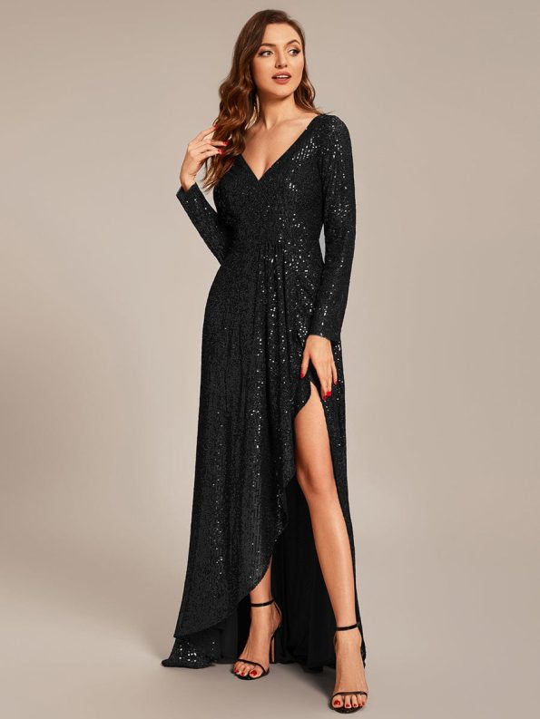 Sequin Long Sleeve V-neck Asymmetrical Hem Evening Dress - Black