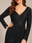 Sequin Long Sleeve V-neck Asymmetrical Hem Evening Dress – Black