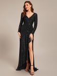 Sequin Long Sleeve V-neck Asymmetrical Hem Evening Dress – Black