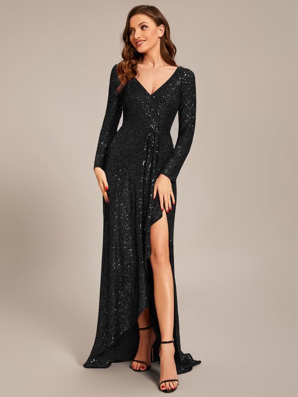 Sequin Long Sleeve V-neck Asymmetrical Hem Evening Dress - Black