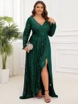 Plus Size Sequin V-Neck Long Sleeve High Slit Bodycon Evening Dress – Dark Green