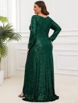 Plus Size Sequin V-Neck Long Sleeve High Slit Bodycon Evening Dress – Dark Green