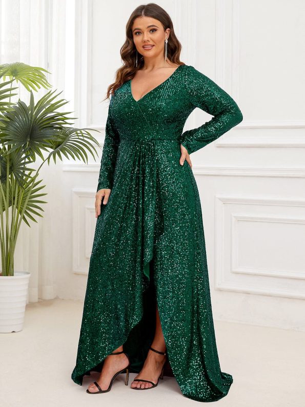 Plus Size Sequin V-Neck Long Sleeve High Slit Bodycon Evening Dress - Dark Green