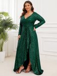 Sequin Long Sleeve V-neck Asymmetrical Hem Evening Dress – Dark Green