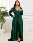 Plus Size Sequin V-Neck Long Sleeve High Slit Bodycon Evening Dress – Dark Green