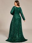 Custom Size Sequin Long Sleeve V-Neck High Slit Bodycon Evening Dress – Dark Green