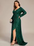 Custom Size Sequin Long Sleeve V-Neck High Slit Bodycon Evening Dress – Dark Green