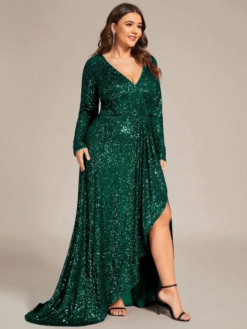 Custom Size Sequin Long Sleeve V-Neck High Slit Bodycon Evening Dress - Dark Green