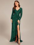 Sequin Long Sleeve V-neck Asymmetrical Hem Evening Dress – Dark Green