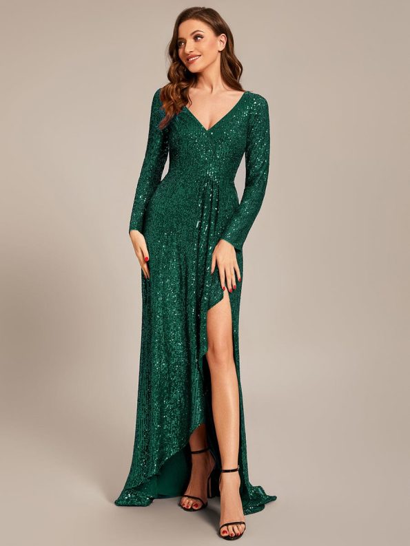 Sequin Long Sleeve V-neck Asymmetrical Hem Evening Dress - Dark Green