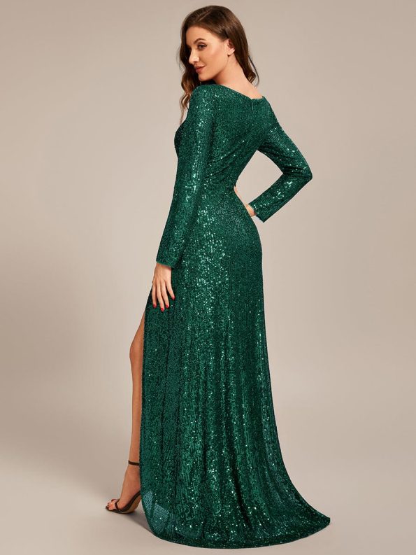 Sequin Long Sleeve V-neck Asymmetrical Hem Evening Dress - Dark Green