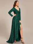 Sequin Long Sleeve V-neck Asymmetrical Hem Evening Dress – Dark Green