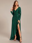 Sequin Long Sleeve V-neck Asymmetrical Hem Evening Dress – Dark Green