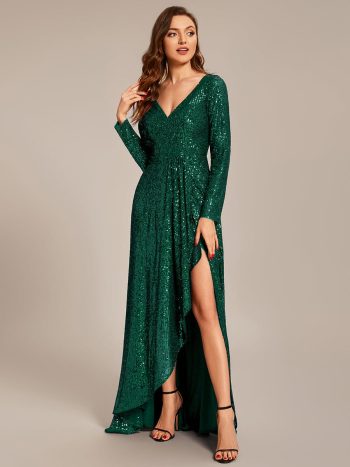 Sequin Long Sleeve V-neck Asymmetrical Hem Evening Dress - Dark Green