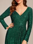 Sequin Long Sleeve V-neck Asymmetrical Hem Evening Dress – Dark Green