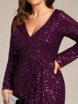 Sequin Long Sleeve V-neck Asymmetrical Hem Evening Dress – Dark Purple