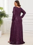 Plus Size Sequin V-Neck Long Sleeve High Slit Bodycon Evening Dress – Dark Purple