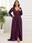 Plus Size Sequin V-Neck Long Sleeve High Slit Bodycon Evening Dress - Dark Purple