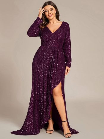 Custom Size Sequin Long Sleeve V-Neck High Slit Bodycon Evening Dress - Dark Purple