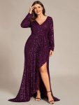 Sequin Long Sleeve V-neck Asymmetrical Hem Evening Dress – Dark Purple