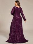 Custom Size Sequin Long Sleeve V-Neck High Slit Bodycon Evening Dress – Dark Purple