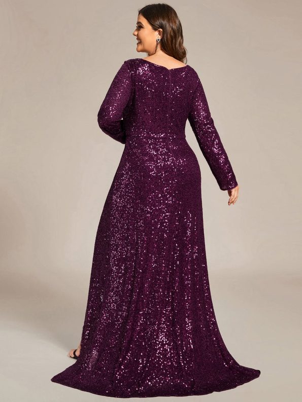 Custom Size Sequin Long Sleeve V-Neck High Slit Bodycon Evening Dress - Dark Purple