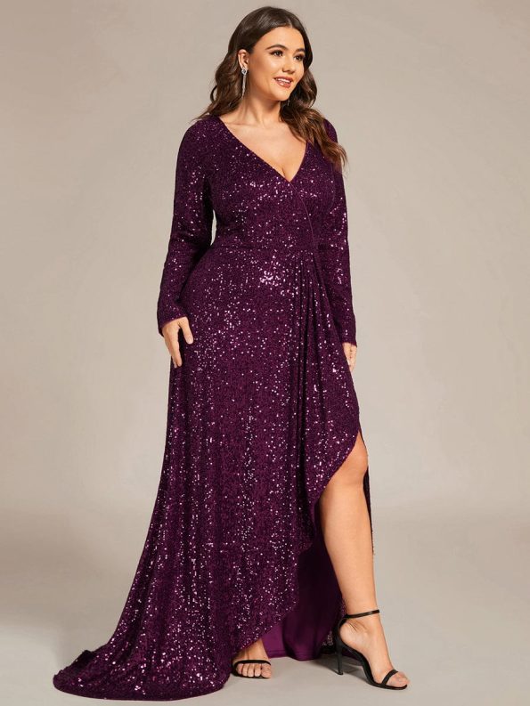 Sequin Long Sleeve V-neck Asymmetrical Hem Evening Dress - Dark Purple