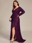 Custom Size Sequin Long Sleeve V-Neck High Slit Bodycon Evening Dress – Dark Purple