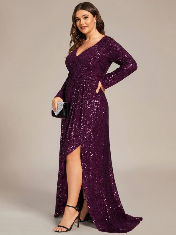 Sequin Long Sleeve V-neck Asymmetrical Hem Evening Dress - Dark Purple