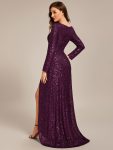 Sequin Long Sleeve V-neck Asymmetrical Hem Evening Dress – Dark Purple