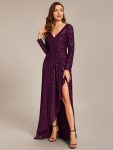 Sequin Long Sleeve V-neck Asymmetrical Hem Evening Dress – Dark Purple