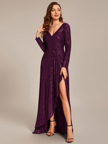 Sequin Long Sleeve V-neck Asymmetrical Hem Evening Dress - Dark Purple