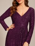 Sequin Long Sleeve V-neck Asymmetrical Hem Evening Dress – Dark Purple