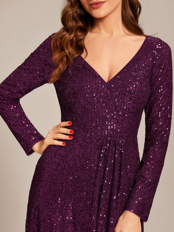 Sequin Long Sleeve V-neck Asymmetrical Hem Evening Dress - Dark Purple