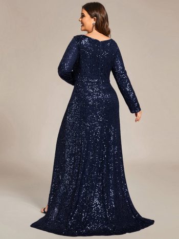 Custom Size Sequin Long Sleeve V-Neck High Slit Bodycon Evening Dress - Navy Blue