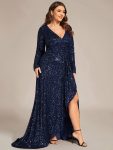 Custom Size Sequin Long Sleeve V-Neck High Slit Bodycon Evening Dress – Navy Blue